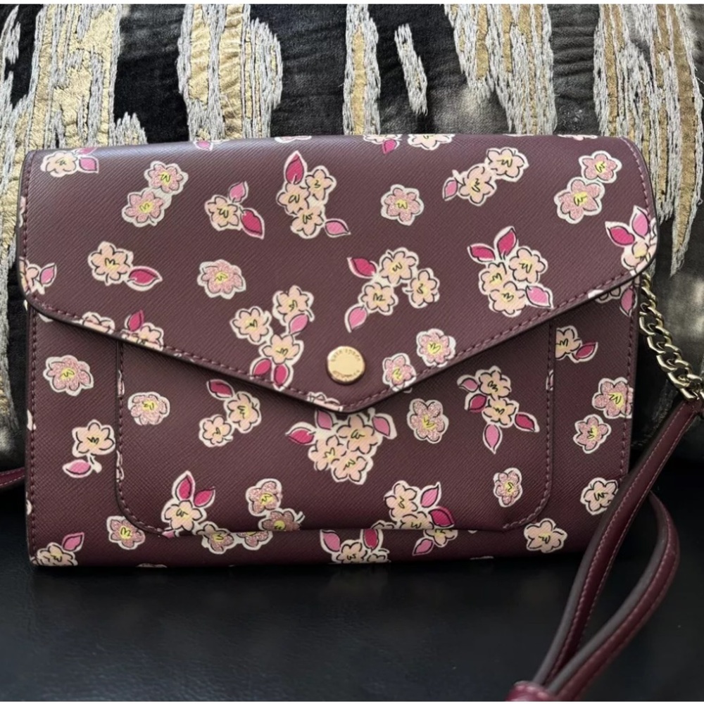 Kate Spade Frosted Floral Tinsel Flap Crossbody Bag/Clutch In Deep Berry